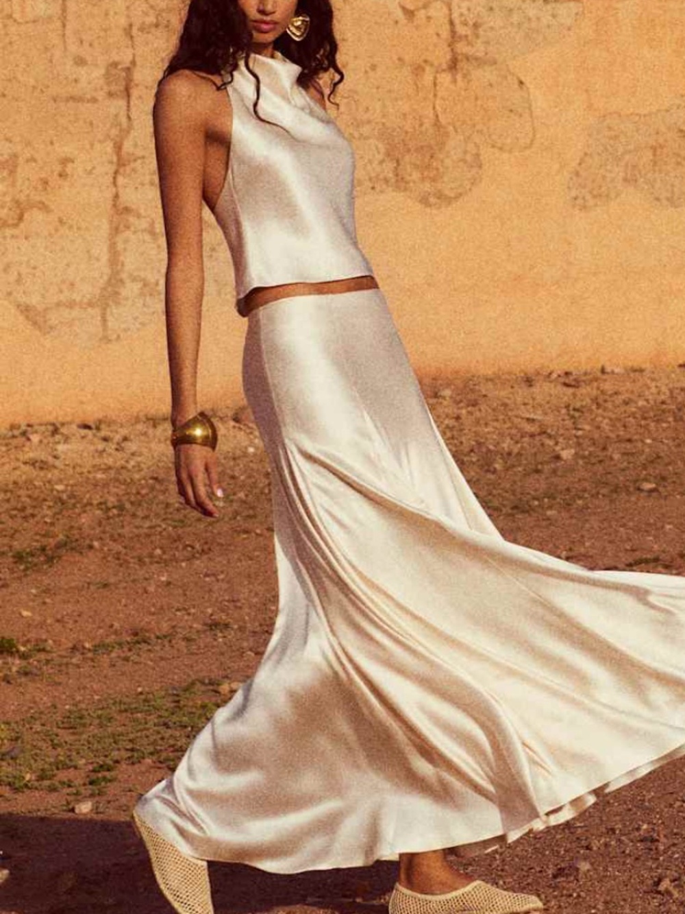 Reformation Sera Silk Two Piece Maxi Skirt Halter Set ALMOND Beige With Tags - 6